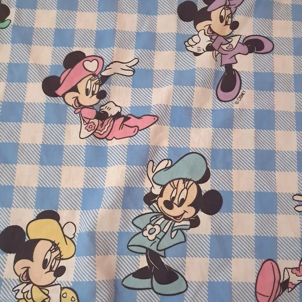 Disney Minnie Mouse twin flat sheet gingham plaid blue white fashion cotton 90s